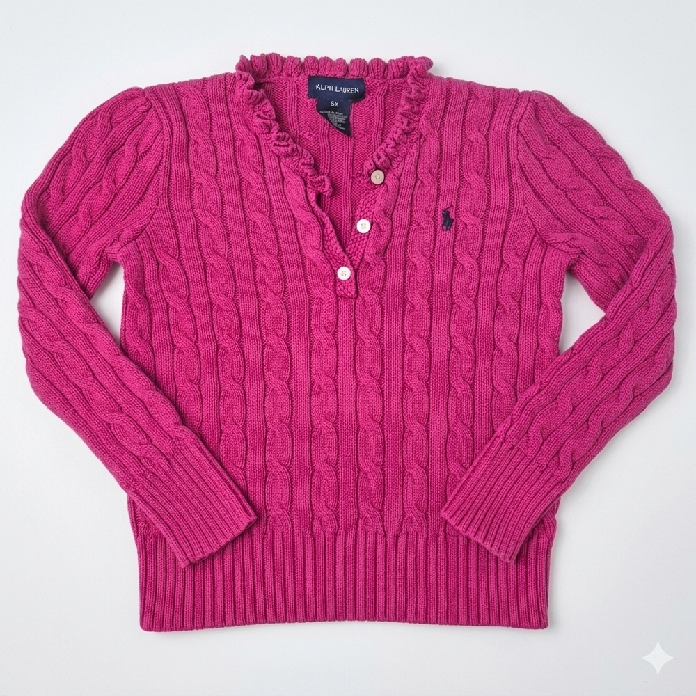 Ralph Lauren Pink Cable-Knit Ruffle Henley Sweater 6x